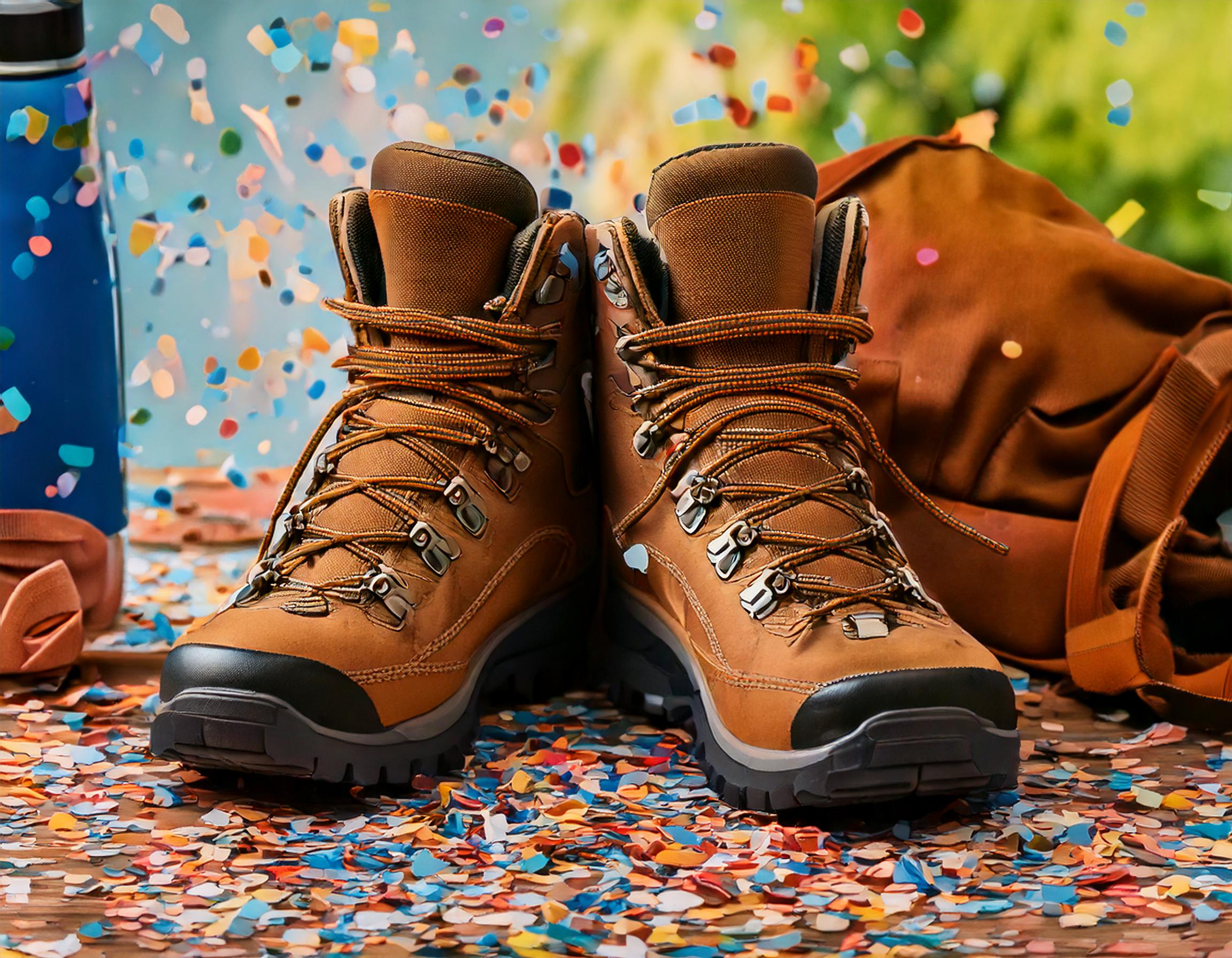 Stevige wandelschoenen omringd door confetti, symbool voor een jubileumviering