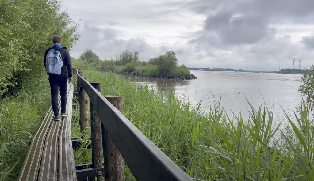 Een wandelaar loopt over een houten vlonderpad langs een rivier, omringd door groen.